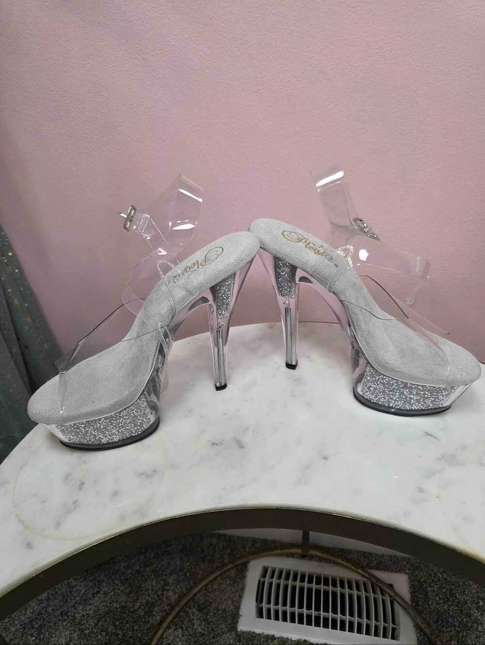 Pleaser Size 8 Clear Silver Glitter Platform Heels